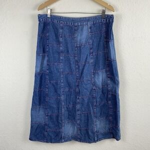 Studio West XL Midi Skirt Denim Blue Patchwork Cottagecore Prairie Pull On Boho
